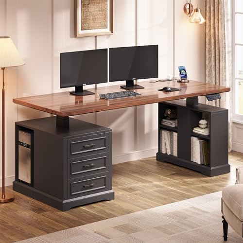 SEDETA 63" Farmhouse Electric Standing Desk with 3 Drawers, Storage Shelves
