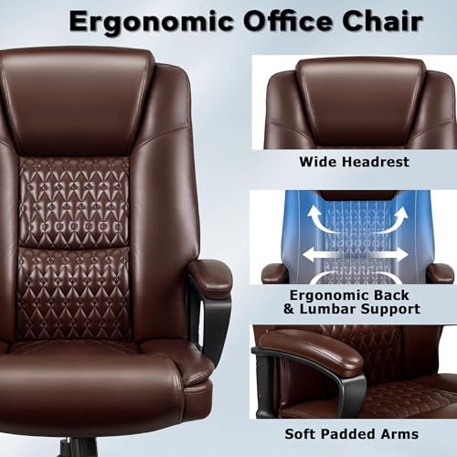Office Chair, High Back Ergonomic Home Office Desk Chairs with Lumbar Support, Adjustable Big and Tall Computer Chair, 360° Swivel, PU Leather, Brown