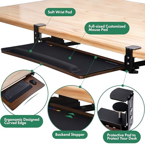 D'vine Dev Keyboard Tray Under Desk with Wrist Rest, Bamboo Wood Keyboard Drawer with Full Size Keyboard and Mouse Pad, Walnut Color, KBTY-2