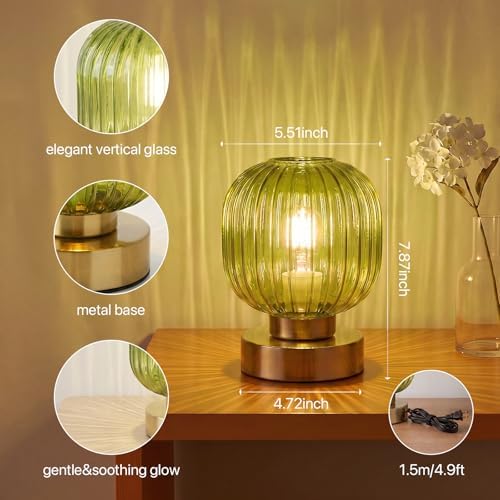 Elenhome Green Touch Glass Table Lamp Set of 2, 3-Way Dimmable Bedside Lamps, Vintage Mid-Century Modern Nightstand Lamps for Bedroom and Living Room, Ambient Mood Lighting, LED Bulb Included