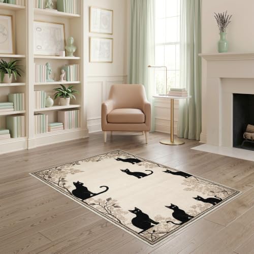 4'x6' Black Cat Taupe Design with Motifs Washable Area Rug