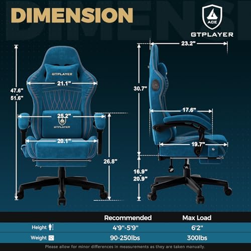 GTPLAYER ACE-PRO Music Gaming Chairs – Built-in Speakers, App Support & Bluetooth Control, Computer Game Chairs with Footrest for Adults, Ergonomic Reclining Silla, Linkage Armrest, Blue 【Velvet】