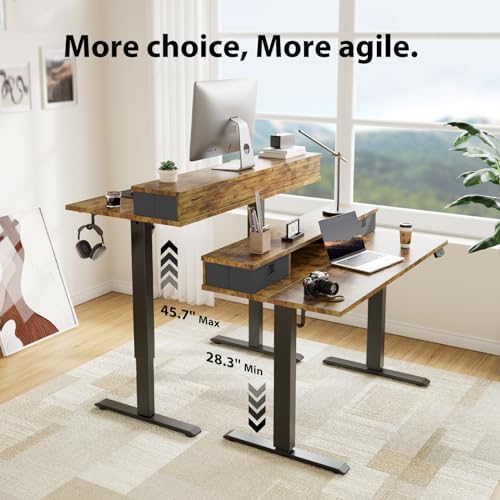 Agilestic 63 * 24 Inch Electric Standing Desk with Drawers, Rustic Brown