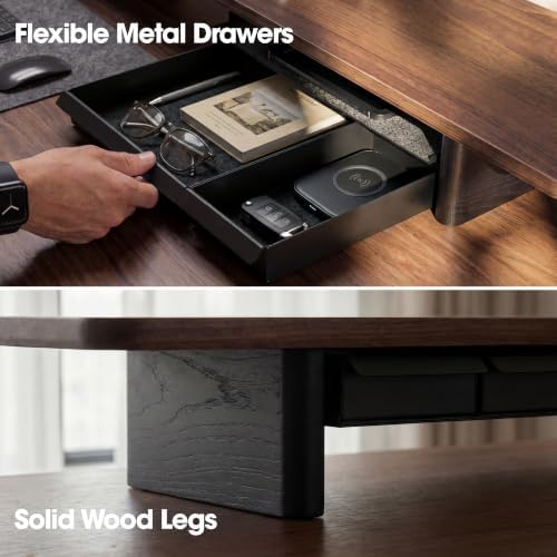Fenge 42.5" Dual Monitor Stand with Storage Drawer & Solid Wood Legs, Brown