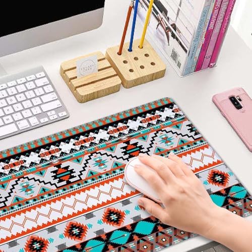 Large Gaming Mouse Pad with Stitched Edges, Colorful Aztec Pattern Desk Mat, Extended XL Keyboard Pad, Non-Slip Rubber Base Desk Pad for Keyboard and Mouse, 31.5X11.8 inch