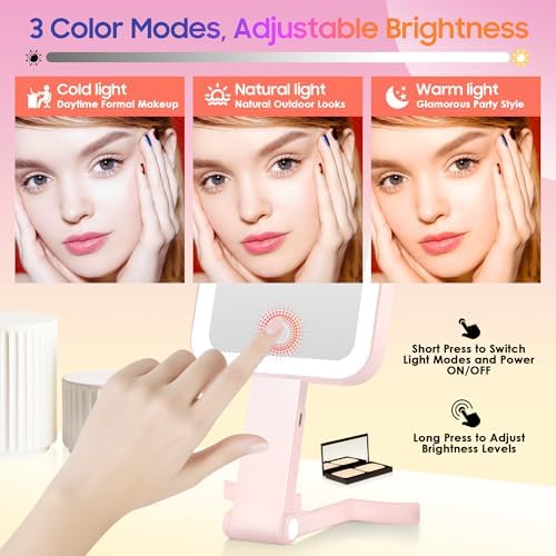 GOMIPURU Magnifying Travel Mirror with Light, 30X/1X Double-Sided Magnifying Mirror with 3 Color Lights, Brightness Adjustable, Foldable Handheld Makeup Mirrors Portable for Travel and Desktop, Rosy