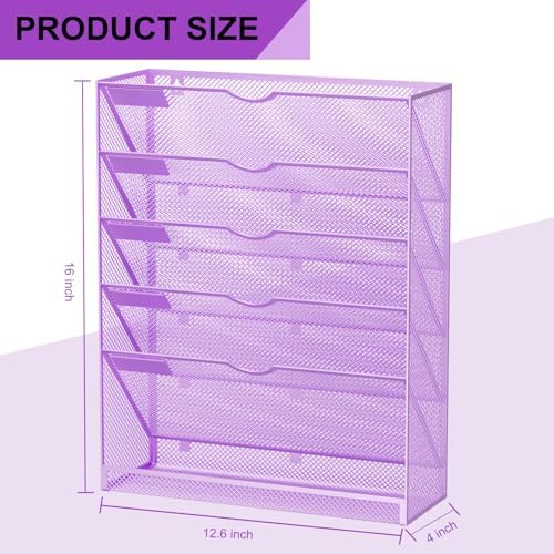 Hanging Wall File Organizer 6 Tier Wall Mounted Mail Paper Folder Holder Document Organization Stand, Vertical Desk Magazine Rack for Office Home Cubicle Countertop, Light Purple