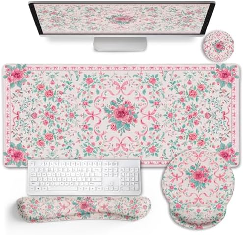 LIMKRIAN Pink Floral Desk Mat, Ergonomic Mouse Pad Set with Wrist Rest