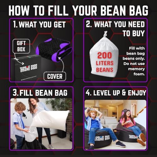 Gaming Bean Bag Chair Cover for Kids, High Back, Large Pockets, Purple