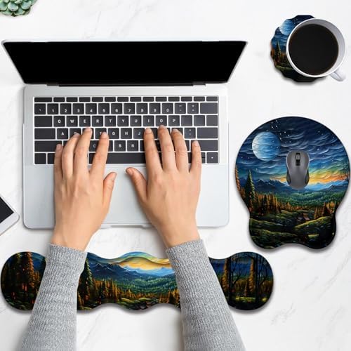 Keyboard Wrist Rest and Mouse Pad Wrist Support with Lace-Shaped Coaster Set, Ergonomic Gel Memory Foam and Anti-Slip Base, Easy Typing and Pain Relief - Art Moon Starry Night