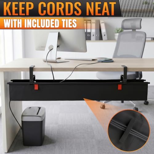 Under Desk Cable Management Tray 36" — No Drill Clamp-On Cord Organizer for Desk with Built-in Ties, Heavy Duty Metal Clamp, Foldable 600D Oxford Fabric for Home Office, WFH & Gaming PC Setup (Black)