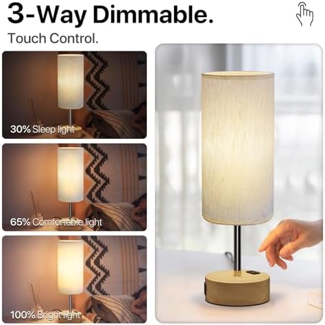 KPQ Bedside Lamp Touch Control Table Lamp with USB A+C Charging Ports & AC Outlet 3-Way Dimmable Nightstand Lamp with Linen Fabric Shade (Beige Shade-Wood Base, 14" Small Size Touch Control)