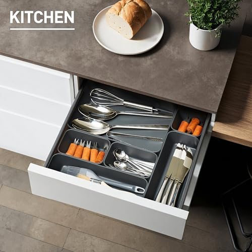 ISSEVE 8Pcs Silicone Drawer Organizer Trays for Bathroom, 4 Sizes, Black