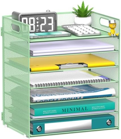 7 Tier Paper Organizer for Desk with Letter Trays & Handle Mint Green