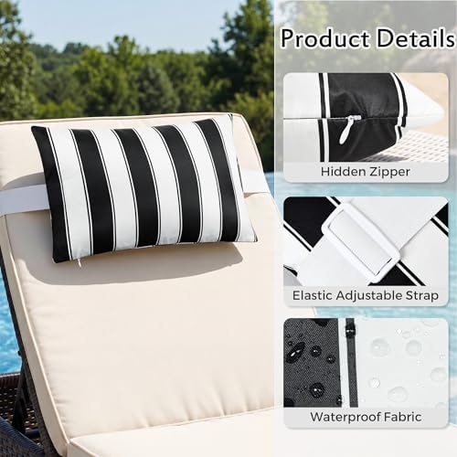 Black Striped Outdoor Lounge Chair Headrest Pillow 11"x16", 2 Pack