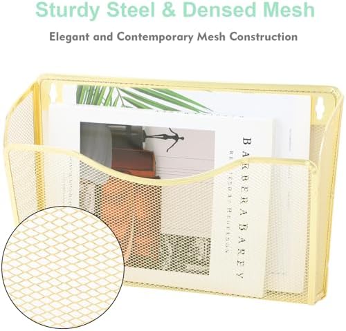 EASEPRES 3 Single Pocket Mesh Hanging File Organizer, Vertical Wall Mounted Magazine File Holder, Mount Basket Mail Paper Document Folder Organizing for Office, Home and School, Gold