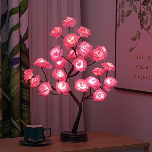 Rose Tree Lamp Flower Light with Pink Beads