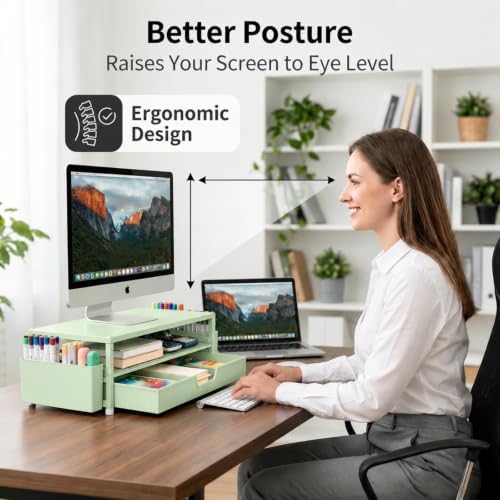 ECOLOVI Desk Organizer and Accessories, 2-Tier Computer Monitor Stand Rise with Storage Drawer & 2 Pen Holders, Laptop & Printer Stand for Desktop, Workspace Organizers for Office Supplies (Sage Green)