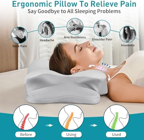 Cervical Neck Pillow for Pain Relief - Ergonomic Memory Foam Pillows Contour Side Sleeper Pillow for Neck Support, Orthopedic Pillow for Sleeping, Bed Pillow for Sleepers (Grey)