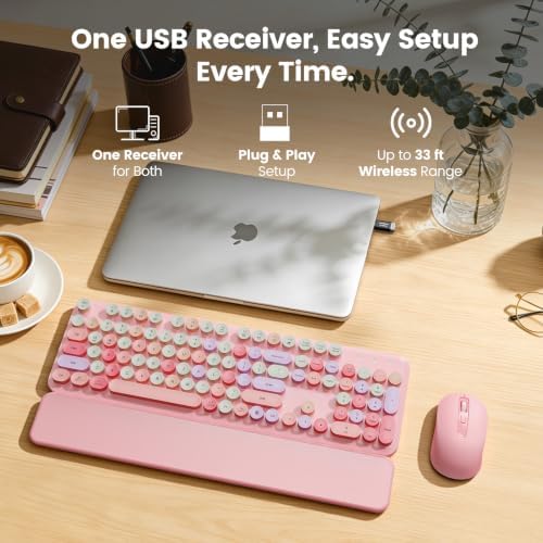 Wireless Keyboard and Mouse Combo, Magnetic Wrist Rest, Round Keycaps, Pink