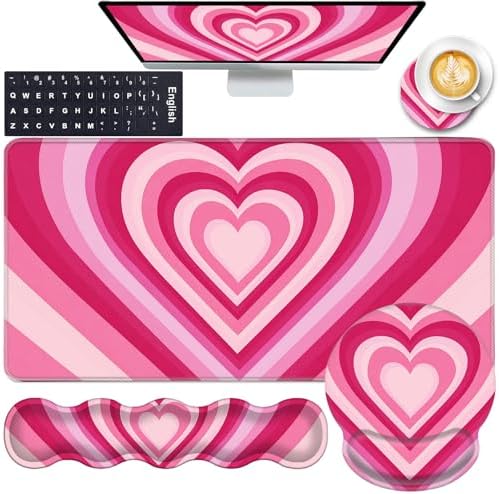 Mouse Pad,Large Pink Desk Mat, 4in1 XXL Mousepad + Keyboard Wrist Rest+Mouse Wrist Rest+Coaster Set with Ergonomic Desk Pad for Home Office Table Computer-Heart Pink