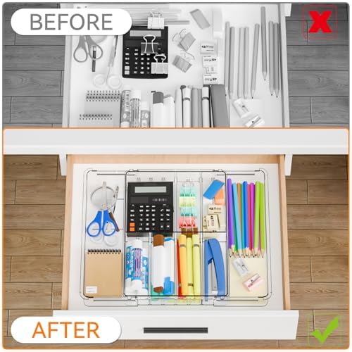 Yieach Expandable Desk Drawer Organizer Tray,1.8 Inch High Junk Drawer Organizer for Kitchen,Clear Shallow Office Drawer Organizers With 10 Compartments for Pencil,Pen,Office Supplies and Accessories