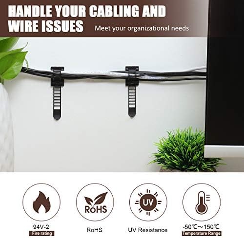 50Pcs Adhesive Cable Management Clips with 50Pcs Zip Ties, Adjustable Nylon Cable Strap Ties Wire Clips Clamps Organizer with Strong Adhesive Tape, Extra Screw & Hole - 3.35 Inch Black