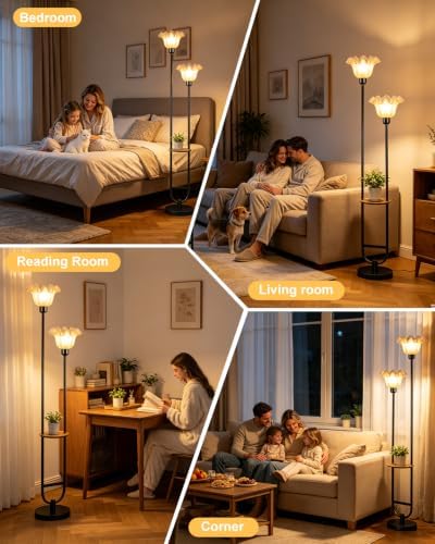 2-Light Flower Floor Lamp with Side Table, Dimmable Floor Lamp with 3000K Warm White Bulbs, Modern Black Metal Tall Standing Lamp for Living Room Bedroom Sofa Corner Home Decor