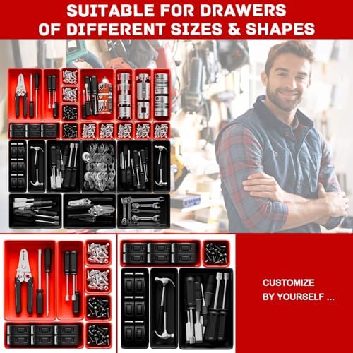 Toolbox Organizer Trays, Tool Chest Drawer Organizer with Non-Slip EVA Pads – 47pcs Red and Black Interlocking Trays for Workbench, Rolling Tool Cart, Garage