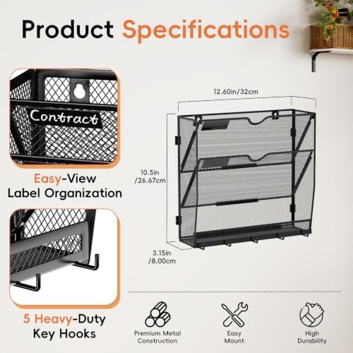 3-Tier Wall File Organizer with Hook, Hanging File Organizer Black
