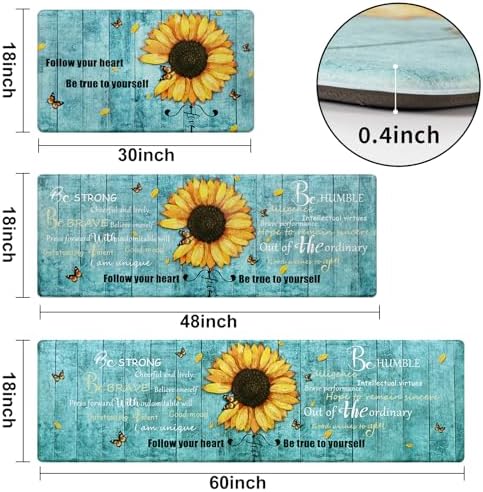 Likiyol Sunflower Kitchen Rugs Sets of 3 Kitchen Mats for Floor Anti Fatigue Mats for Kitchen Floor, Spring Floral Flower Non Slip Washable Standing Floor Mats, 18''x30''+18''x48''+18''x60''(Blue)