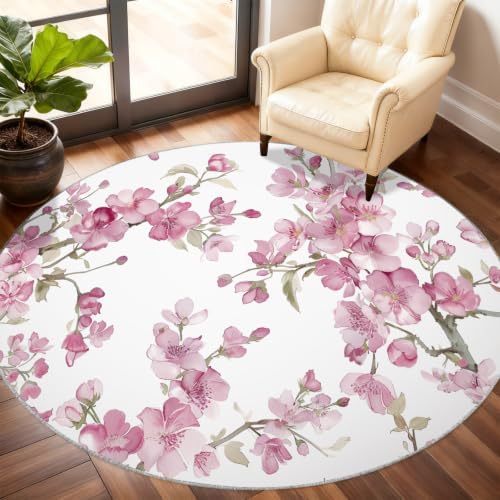 Floral Round Rug - 4ft Washable Abstract Floral Round Area Rug for Living Room, Modern Minimalist Circle Rugs Soft Non-Slip Carpet for Bedroom Kitchen Dining Table Decor Mat