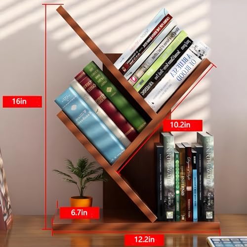 Small Bookshelf,3 Tier Wood Mini BookShelf,Tree Book shelf,Teak color