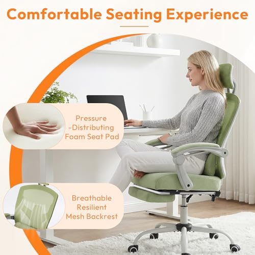 Home Office Desk Chair, Comfortable Mesh Chair with Foot Rest, Light Green