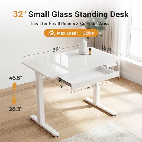 YDN Glass Standing Desk with Drawers 32x19 Inch Super White
