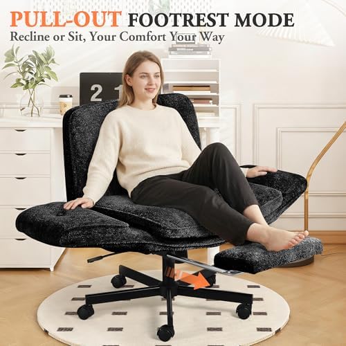 Criss Cross Chair with Footrest & 5 Level Folding Arms Full Relaxation, Wide Cross Legged Office Chair for Home Office, Comfy Swivel Desk Chair with Ottoman, Chenille Vanity Chair (Black)