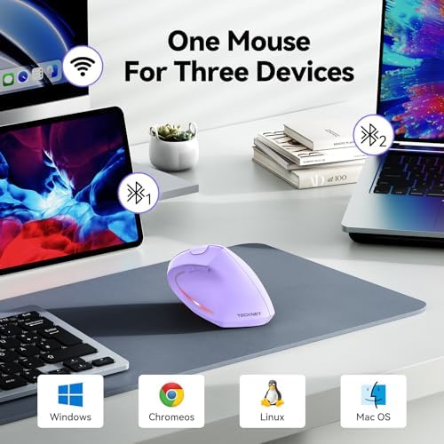 TECKNET Ergonomic Mouse, 4800 DPI Wireless Bluetooth Vertical, 3-Device