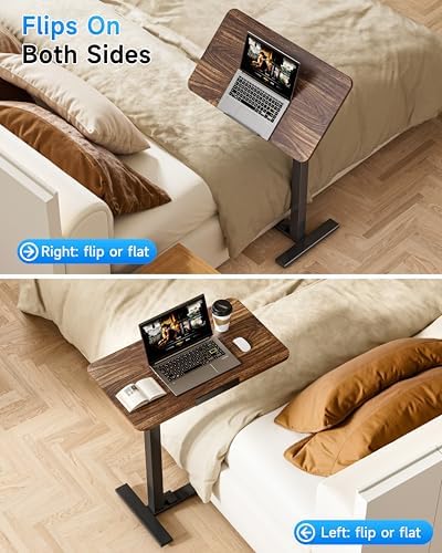 BIZUM Mobile Standing Desk Laptop Desk Pneumatic with Wheels 180° Tilt Top Hospital Bed Table Portable Rolling Cart Foldable Bedside Table for Hospital&Home Use, Walnut
