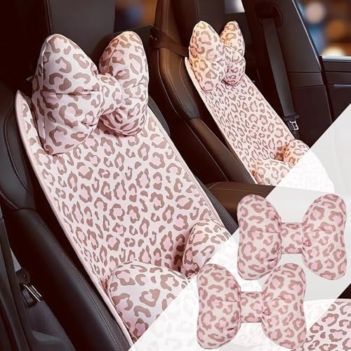 2Pcs Car Headrest Pillow Cute Pink Leopard Bow Car Decor for Women