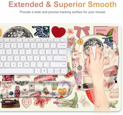 Beige Mouse Pad with Wrist Support 4 in1 Set, XXL Big Game Mousepad + Keyboard Wrist Rest + Mouse Wrist Rest Pad +Coaster Gaming Mat for Home Office Work Computer I Cute Design Stickers