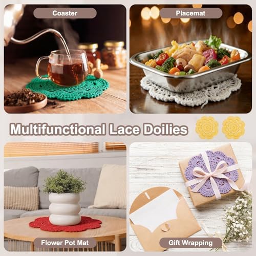 uxcell 6 Pcs Crochet Handmade Cotton Placemat Doilies for Table 7.9" Yellow