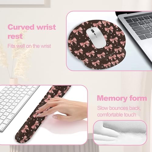 Cute Pink Bows Keyboard Wrist Rest Pad Mouse Pad Set,Ergonomic Mousepad Wrist Support Memory Foam Desk Pad for Gaming Office,Non-Slip Rubber Base Easy Typing for Home Office Computers