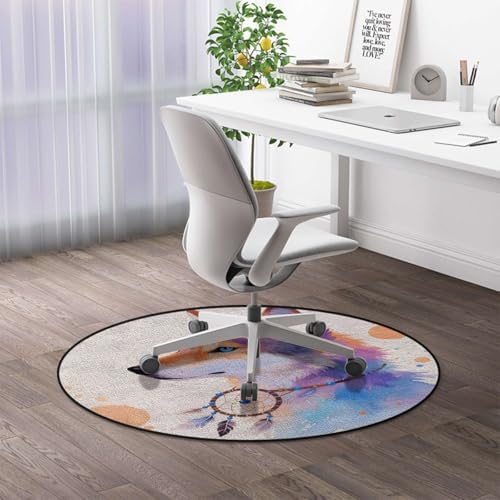 Wolf Watercolor Art Round Office Chair Mat for Tile Floors, Decorative Animal Illustration Anti-Slip & Wear-Resistant Multi-Purpose Mat for Rolling Chairs & Computer Desks, Diameter 39.4 in