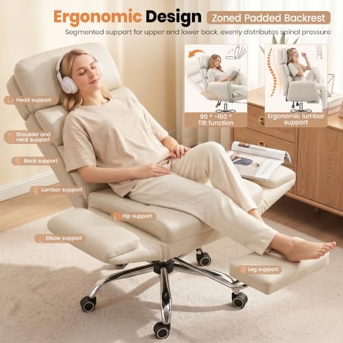 Big and Tall Leather Office Chair, Cross Legged Flip Arms, Beige