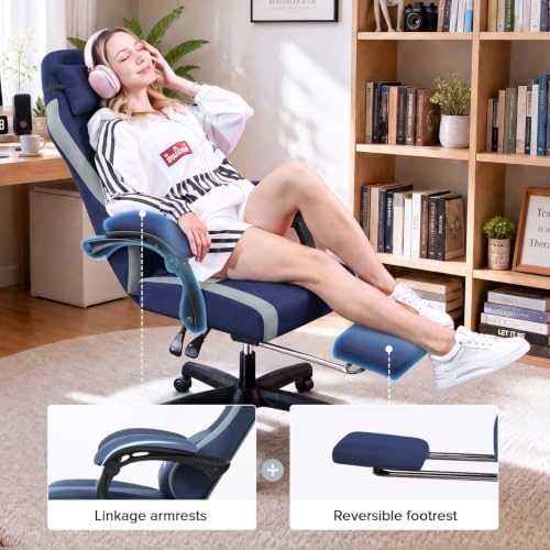 GTPLAYER Gaming Chair Fabric with Pocket Spring Cushion, Big and Tall Gamings Chairs 350LBS High Back Computer Chair with Footrest for Adults Lumbar Support Swivel Game Chair for Office Dark Blue