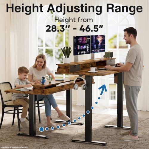 Veken 55x26 in Electric Standing Desk with Drawers, Adjustable Table, Brown