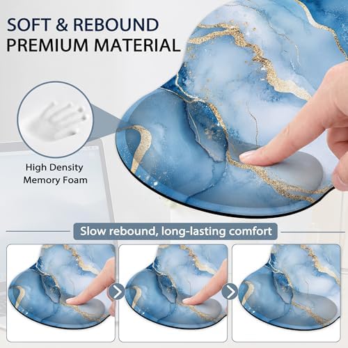 Marble Ergonomic Memory Foam Wrist Rest Set for Keyboard and Mouse,Blue Gold Flowing Marble Supportive Mouse Pad with Non Slip Base for Office Work and Gaming