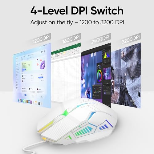 MELOGAGA Wired Gaming Mouse RGB USB Mouse with 4 DPI, 6 Buttons -White