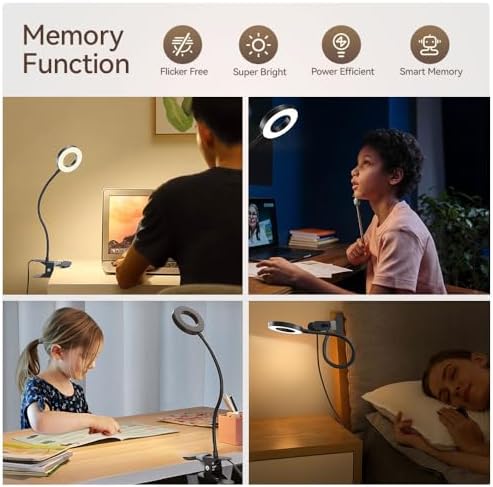 LED Desk Lamp Clip on Light with 3 Color Modes 10 Brightness Ring/Clamp Light 360° Adjustable Neck Dimmable Eye Protection Desk Lamps for Home Office