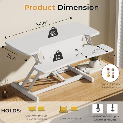 JOY worker Standing Desk Converter, 35" Height Adjustable Desk Riser, White